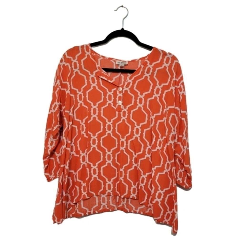 Escapada Orange & White Geometric Print Shirt Blouse Women's Size Medium Coastal